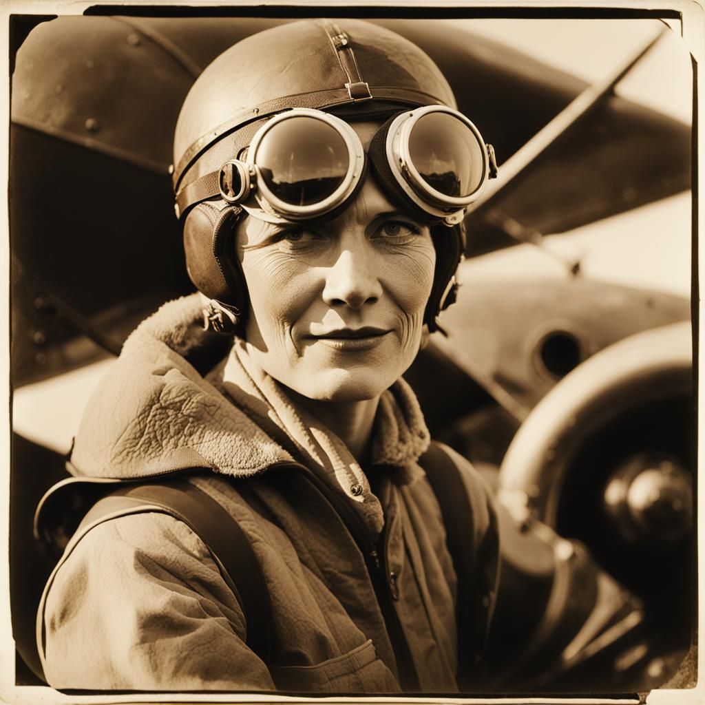 Amelia Earhart Sepia Portrait with Aviator Goggles