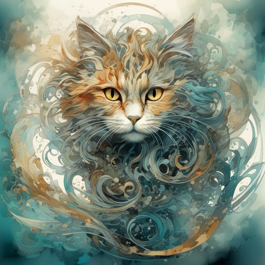 Magical Cat Double Exposure Watercolor Illustration