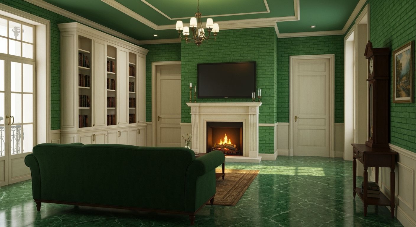 Vibrant Victorian Living Room with Fireplace and Bookshelves