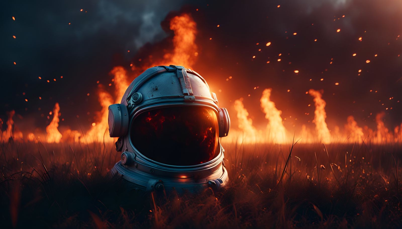 Burning Astronaut Helmet in Field: Dramatic 8K Photo