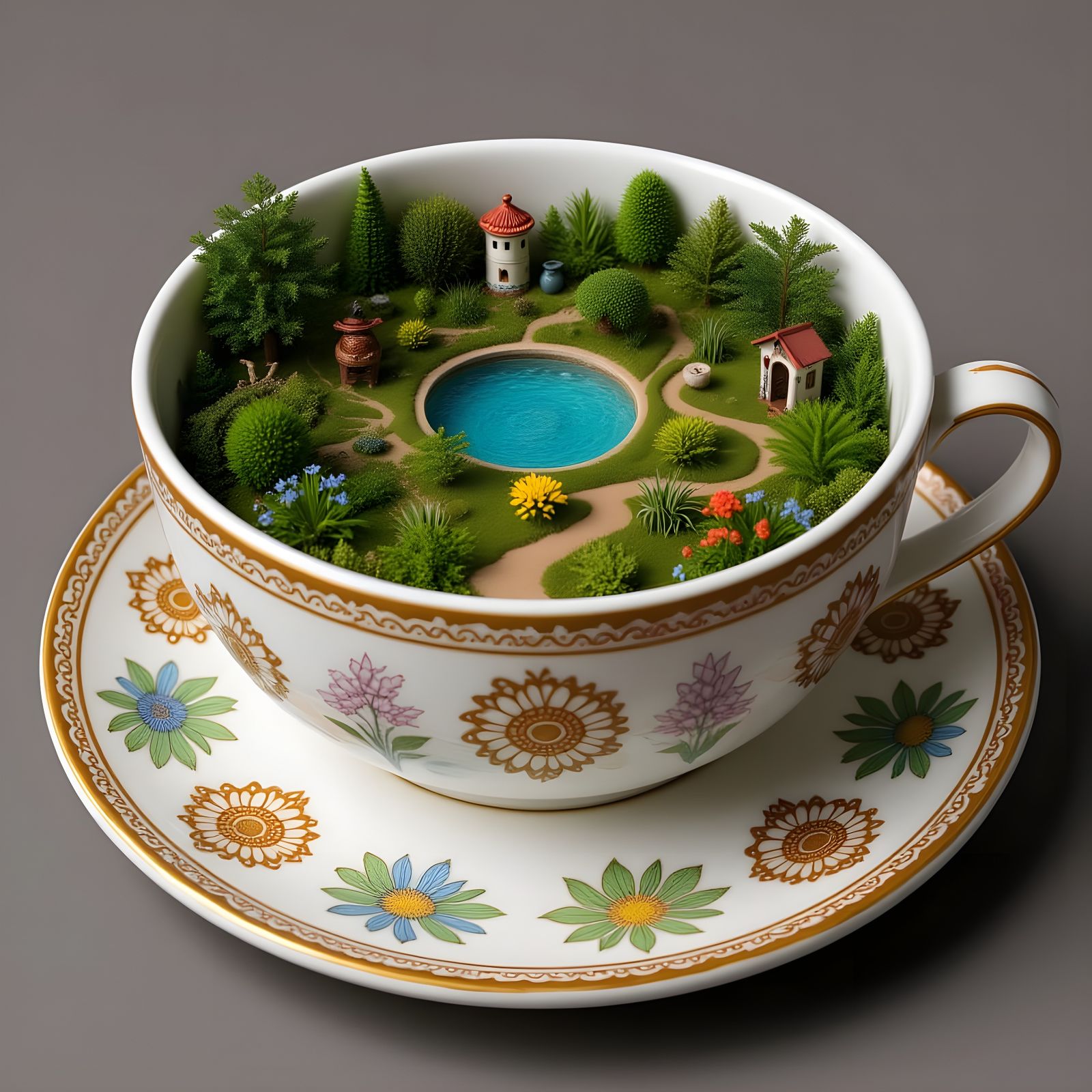 Teacup Miniature World in Kinetic Pointillism Style