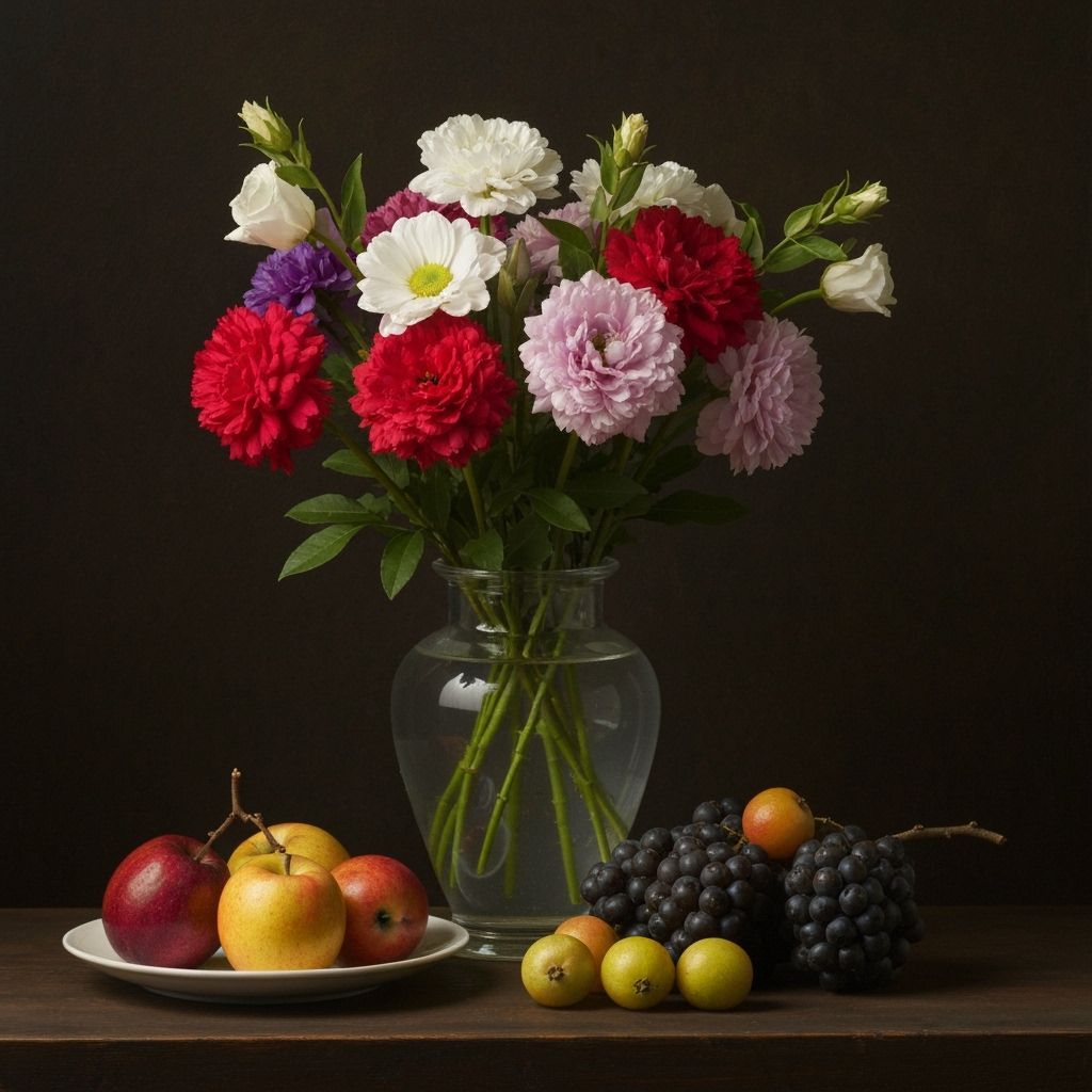Vase of  flowers and fruit still life