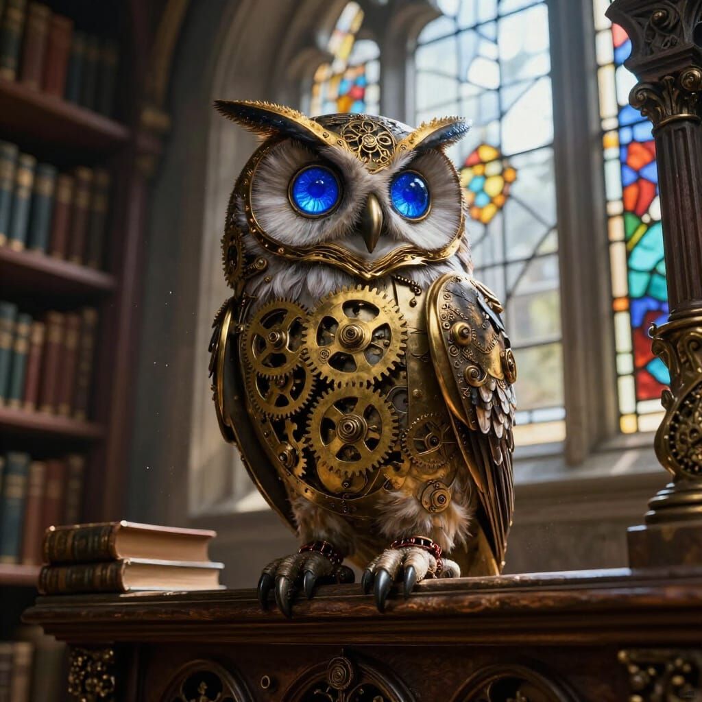 Majestic Clockwork Owl in Steampunk Library