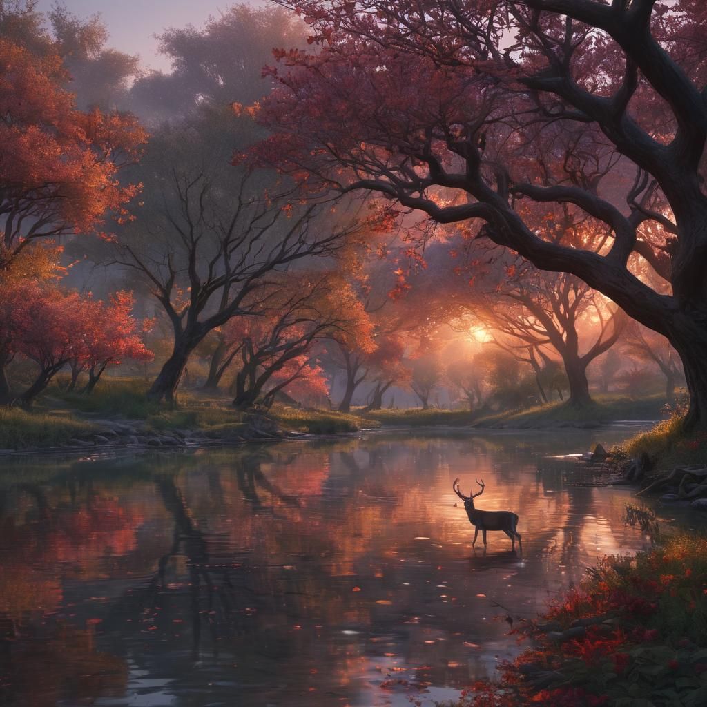 Idyllic River Scene with Deer at Dusk
