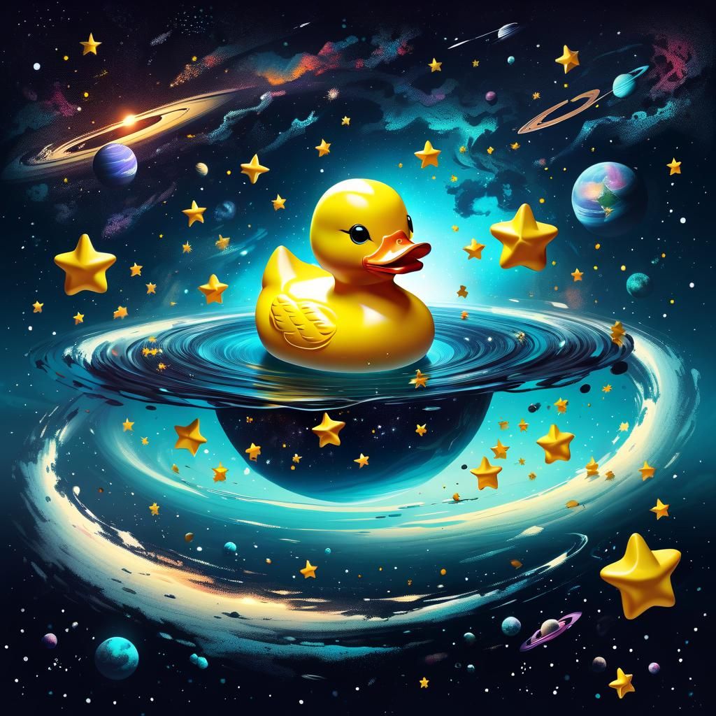 Rubber Duck Soaring Through Space in 3D Digital Art