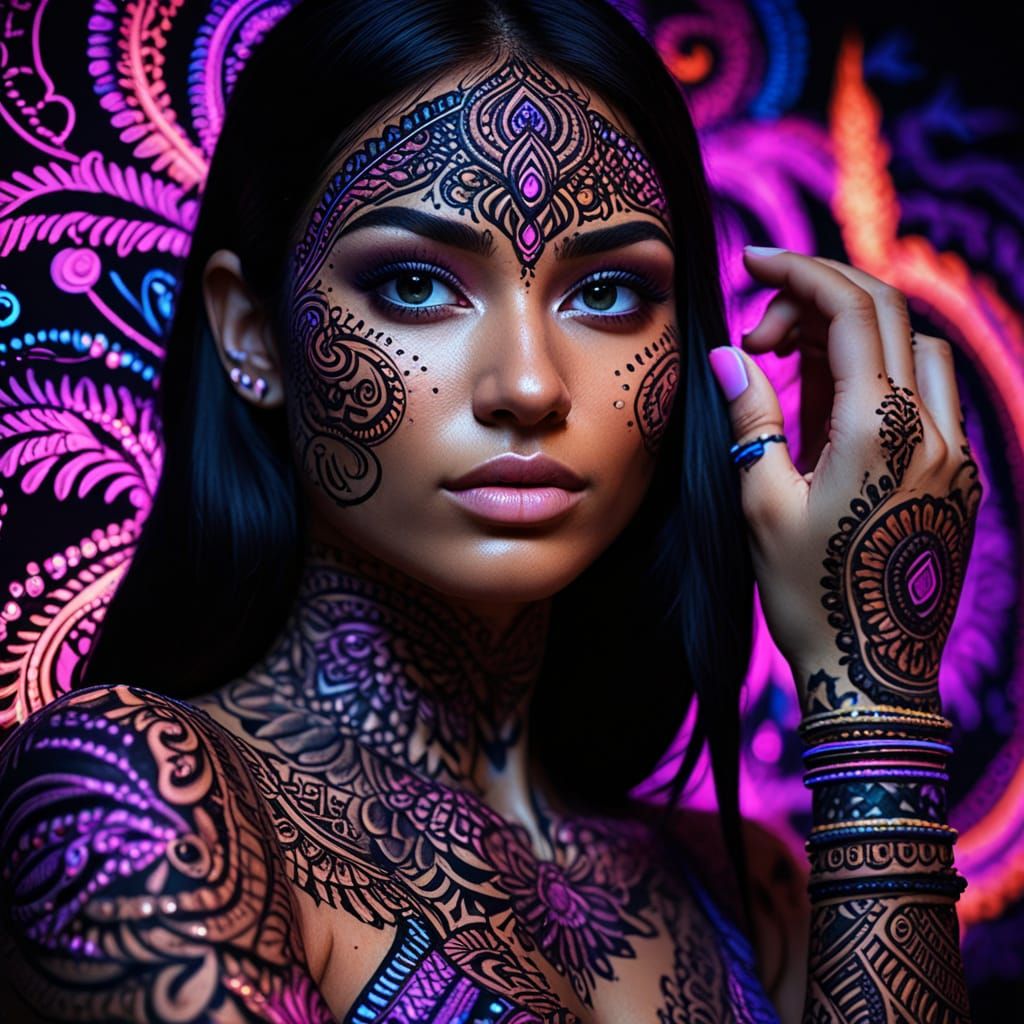 Neon Noir: Woman with Glowing Henna Tattoos