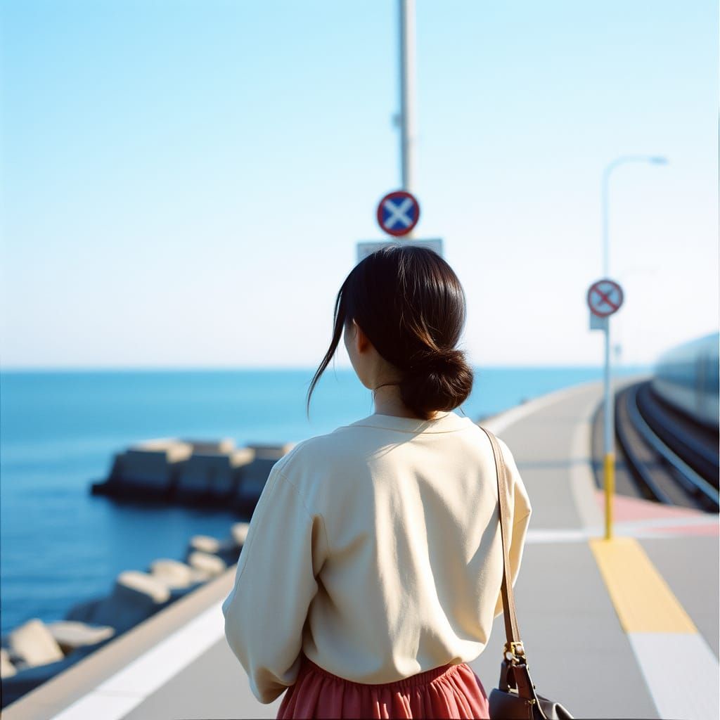 Japanese Woman at Train Crossing in Soft Focus
