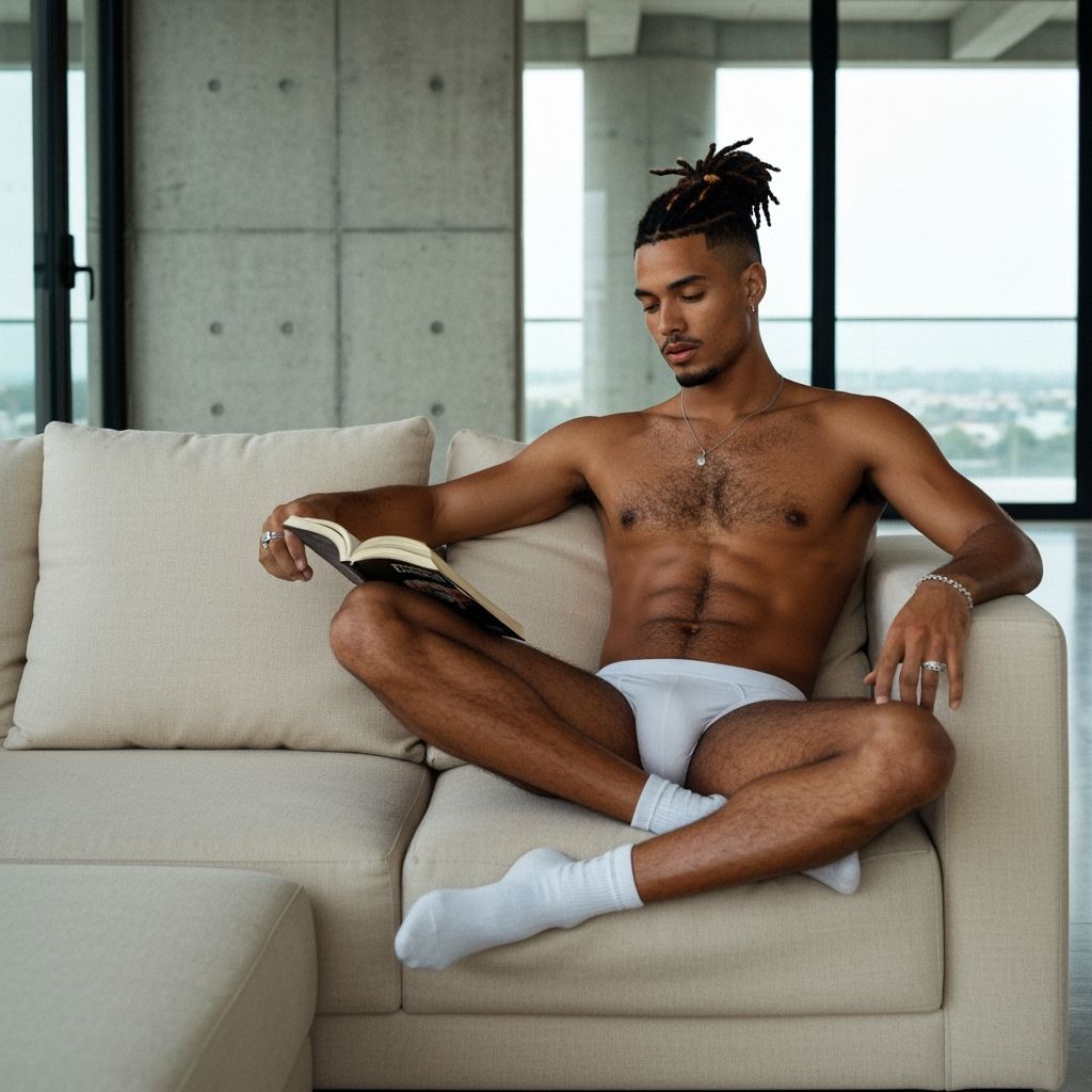 Cuban Man Relaxing in Modern Brutalist Apartment