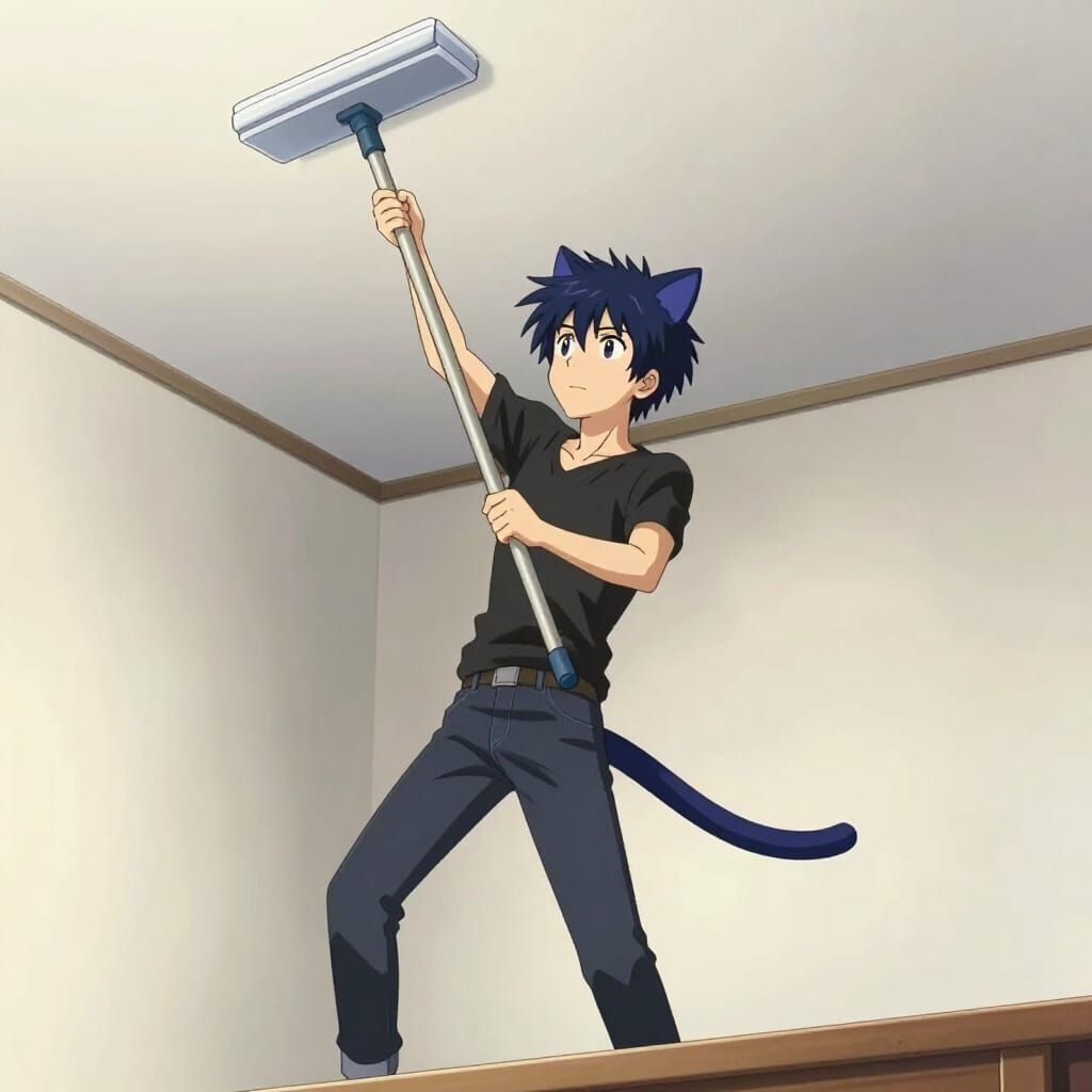 Androgynous Anime Character Mops Ceiling