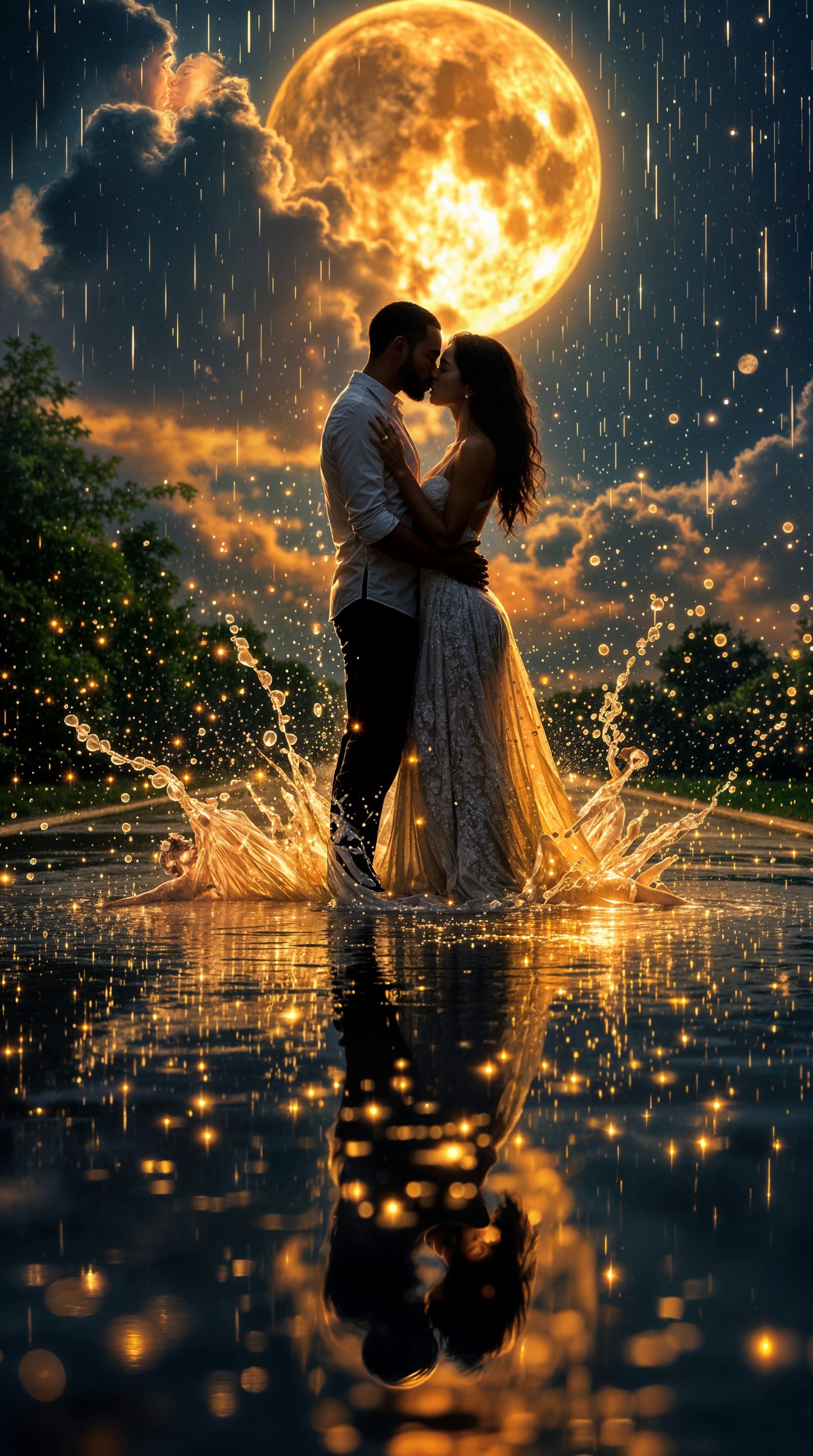 Passionate Lovers Kiss in Moonlit Rain Garden