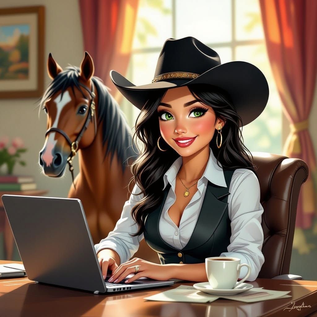 Cowgirl at Desk with Horse and Coffee, Cinematic Digital Art