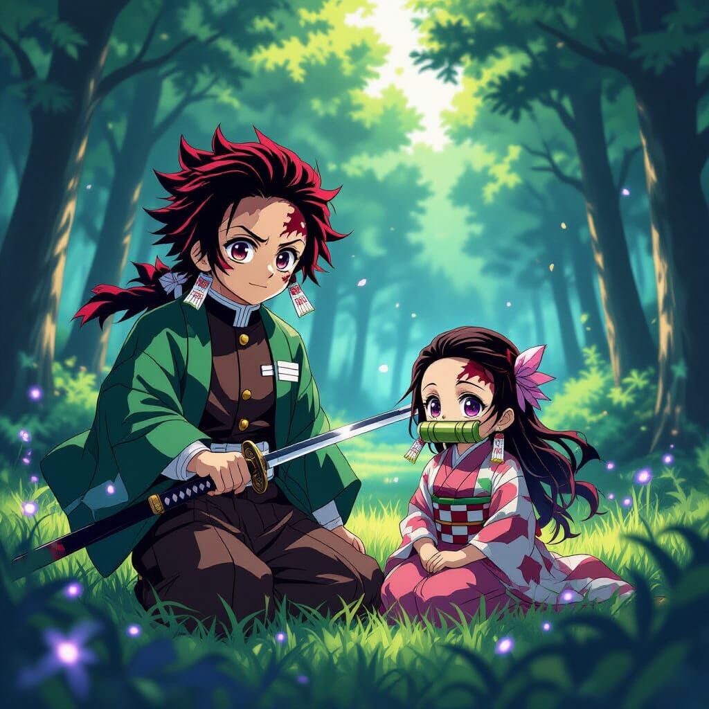 Tanjiro & Nezuko in Magical Forest at Dusk