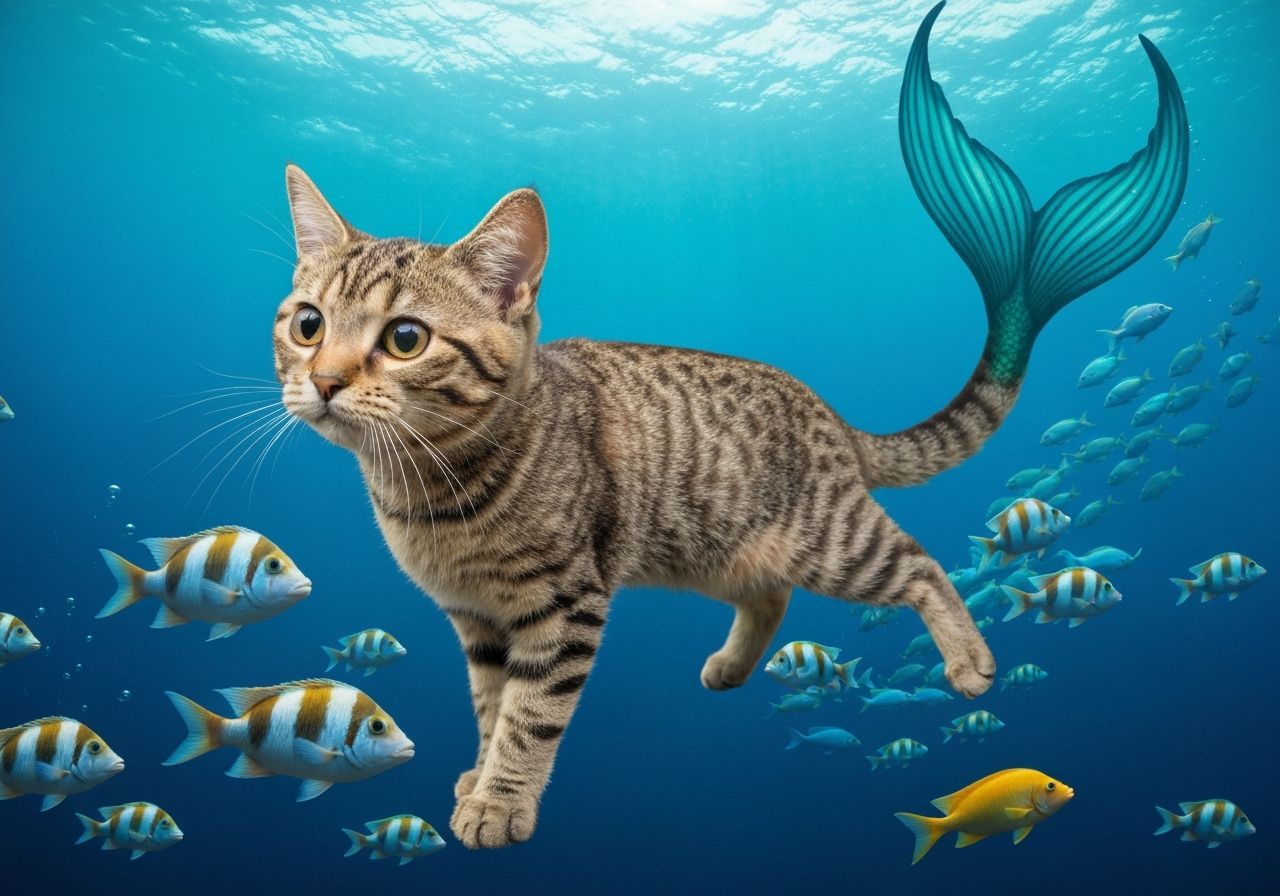 Tabby Cat Mermaid Swims With Colorful Fish