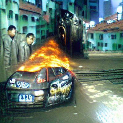 Burning Car in Dark Cityscape