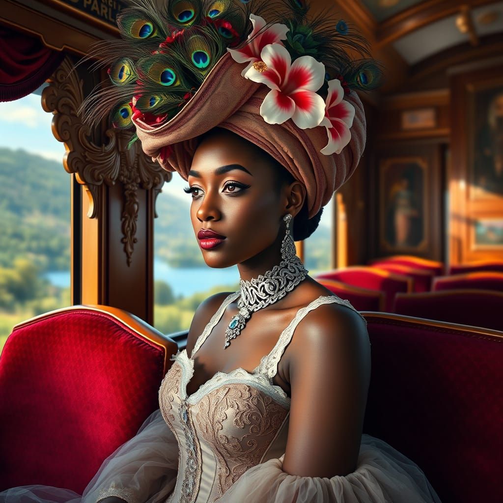 Elegant Woman in Vintage Train, Surrounded by Nature's Splen...