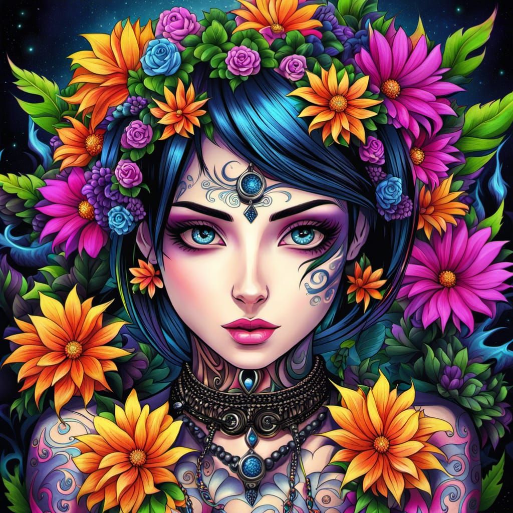 Raver Goth Girl with Tattoos in Anime Style