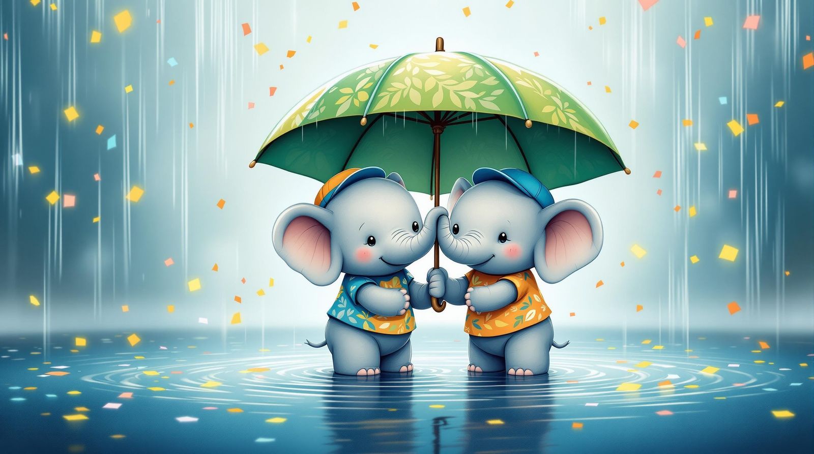 Whimsical Cartoon Elephants Share Umbrella on Rainy Day