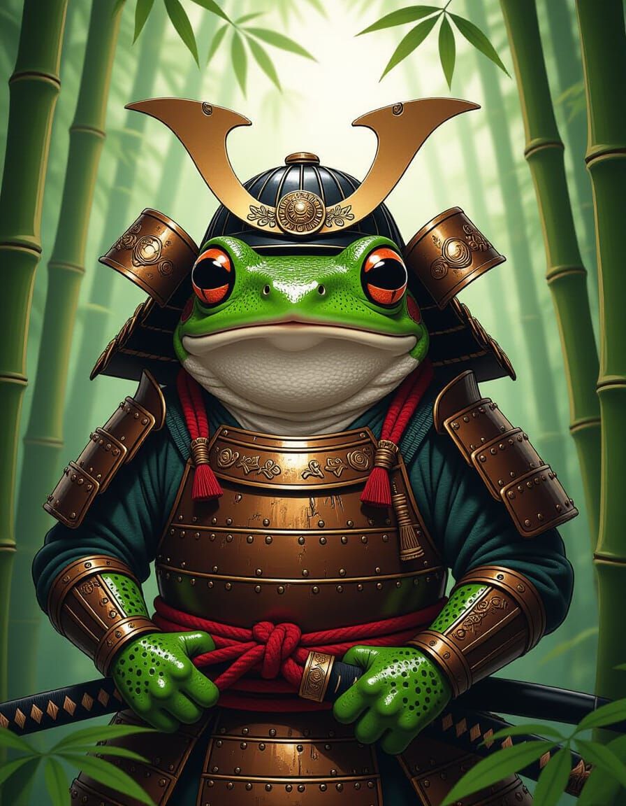 Cute Frog Samurai in Detailed Armor in Bamboo Forest