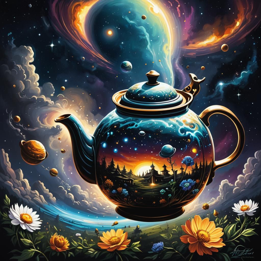 The cosmos pouring out of a teapot, oil painting, dan mumford, planets, galaxy.