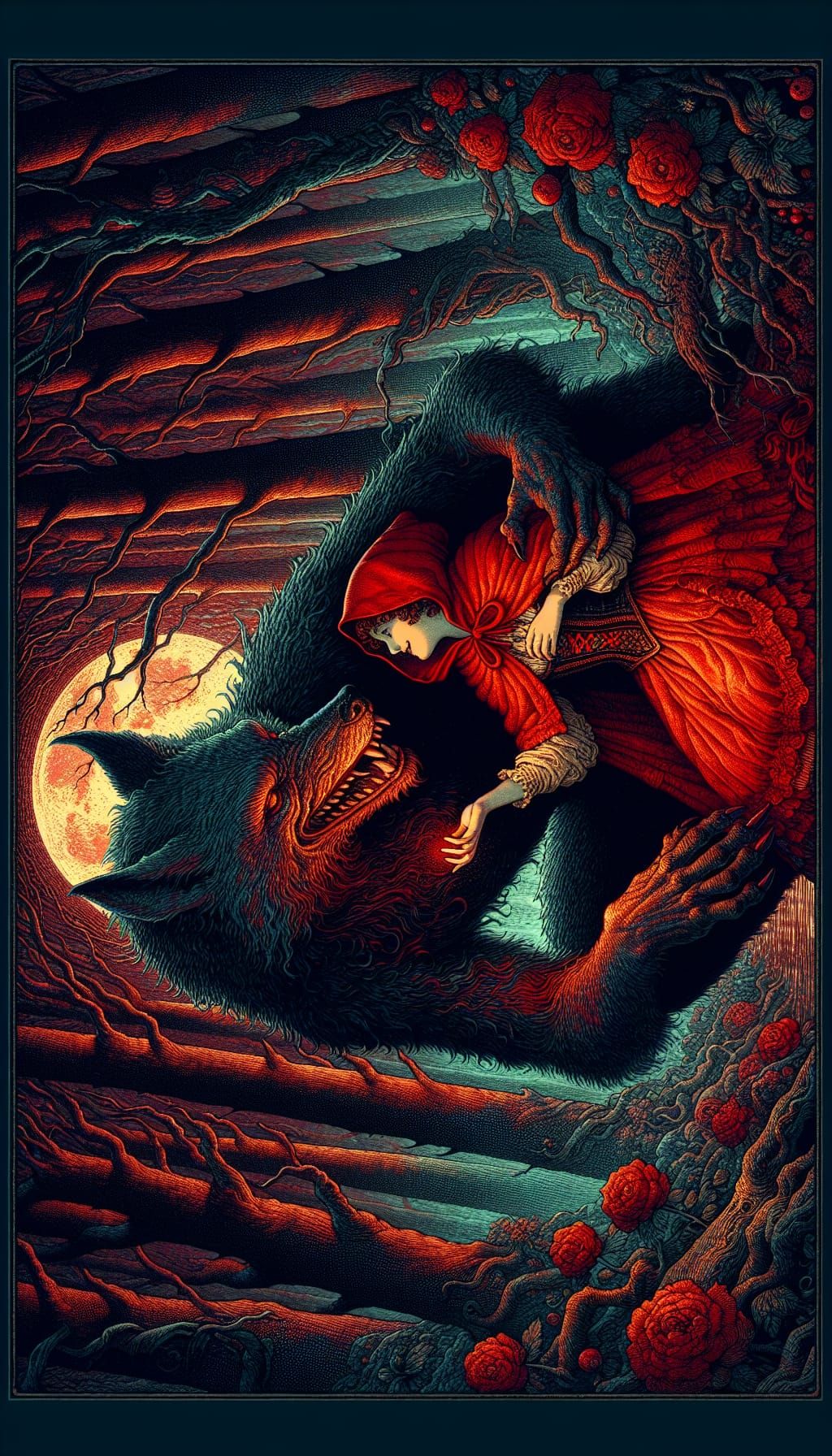 Red Riding Hood Embraced by Werewolf in Dark Forest