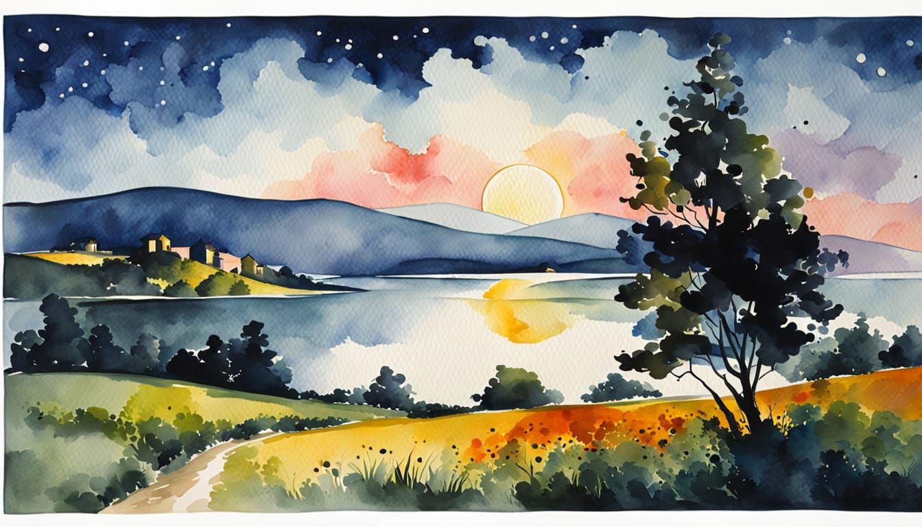 Tranquil Moonlight Landscape with Ink Splashes