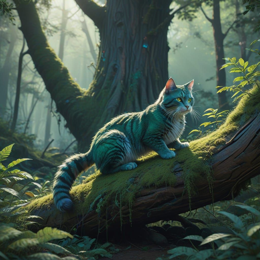 Fantasy Cat in Whimsical Forest Landscape