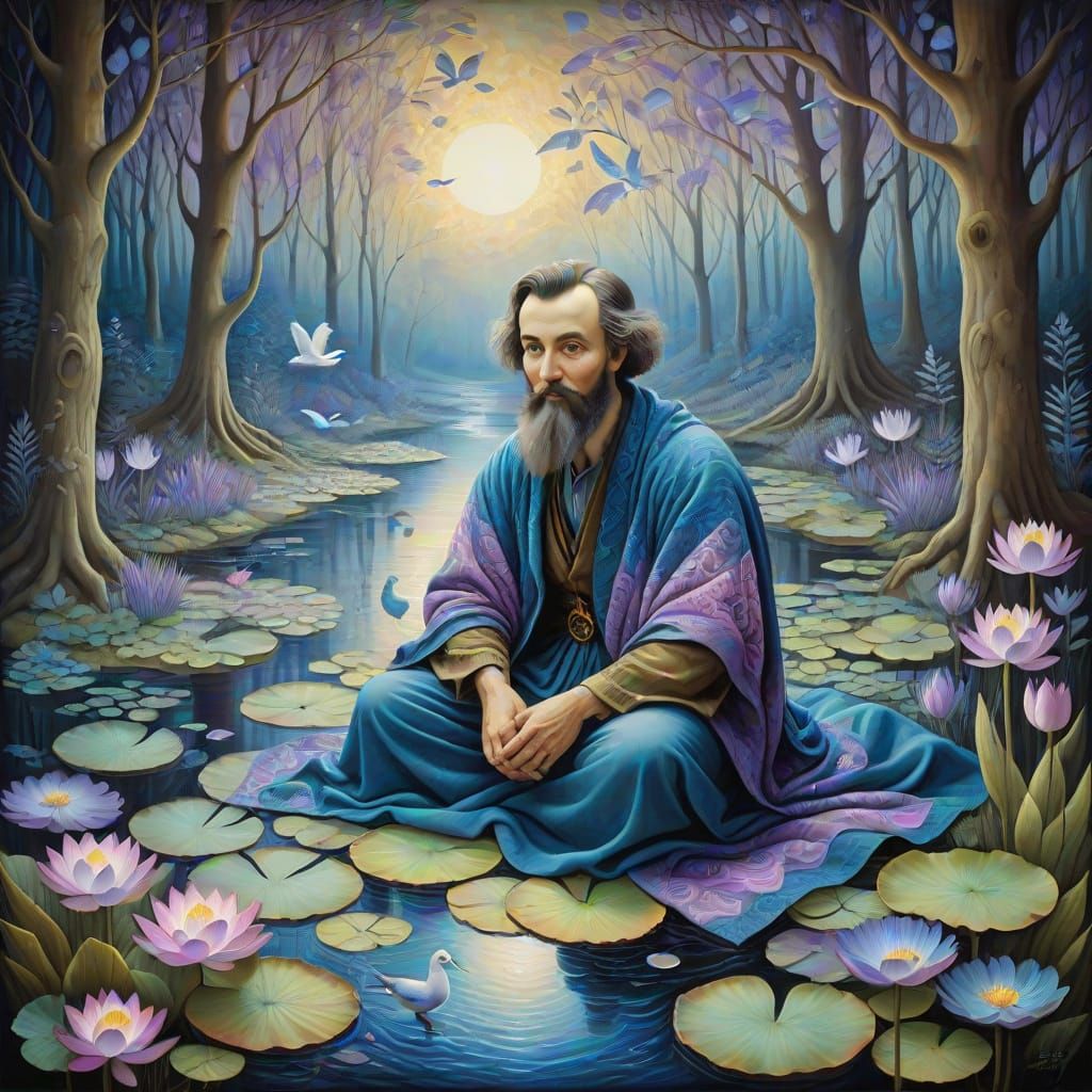 Mystical Man in Ethereal Forest as Surrealist Oil Painting