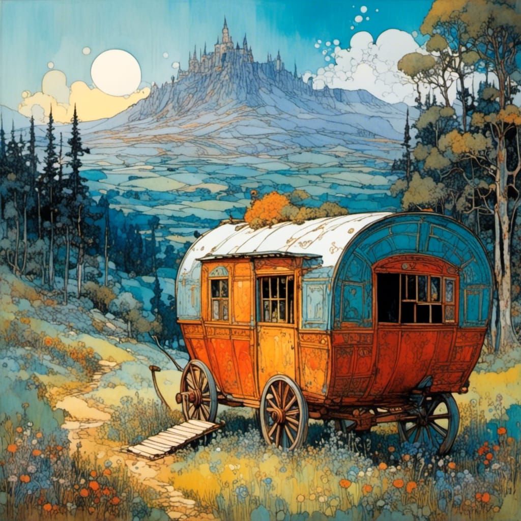 Colorful Gypsy Wagon in an Enchanted Landscape