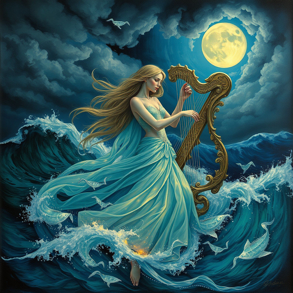 Mystical Siren Playing Harp in Stormy Seas