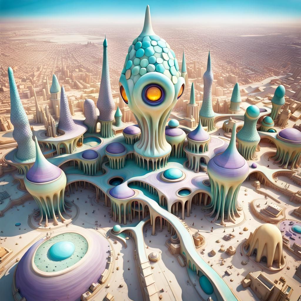 Giger-esque Steampunk Alien City in Pastel Desert