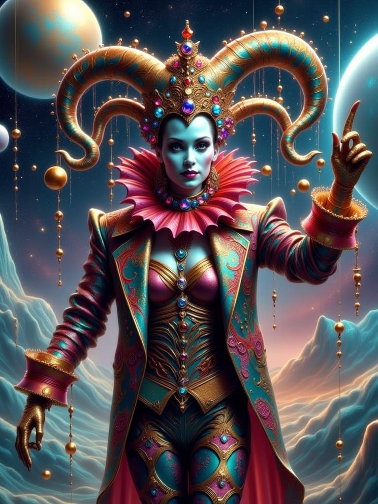 Space Jester's Cosmic Acrobatic Performance in Sci-Fi Style