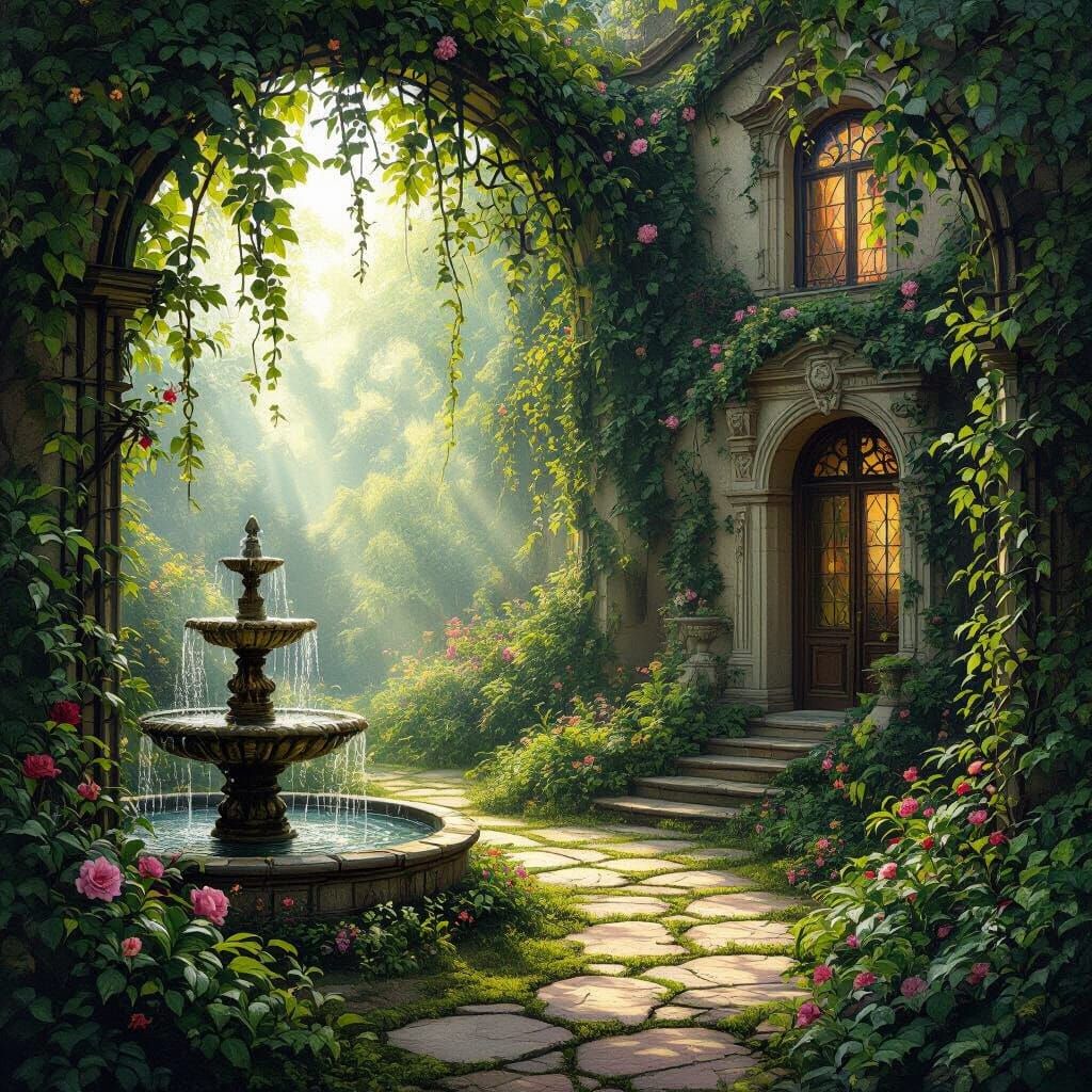 Enchanted Secret Garden Behind Ornate Mansion