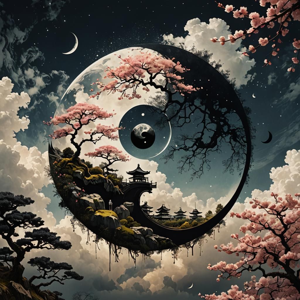 Yin Yang Sakura Garden Double Exposure