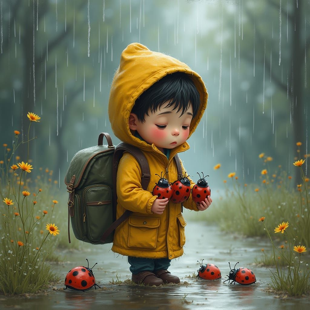 Boy with Ladybugs: Whimsical Watercolor Art