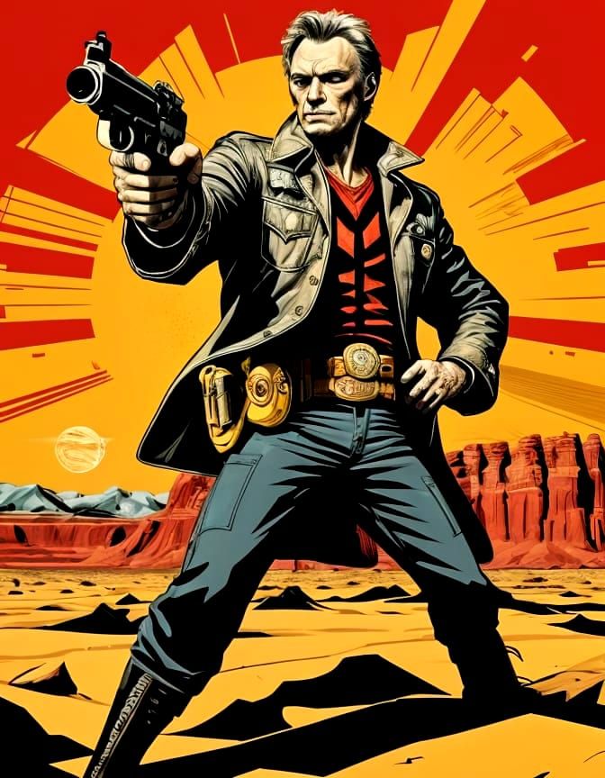Clint Eastwood in Vibrant Pop-Art Portrait with Western Them...
