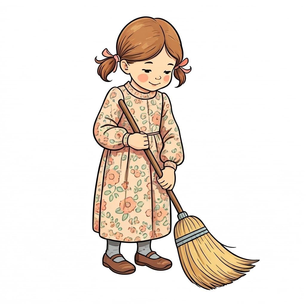 Gentle Girl Sweeps Floor in Whimsical Children's Art