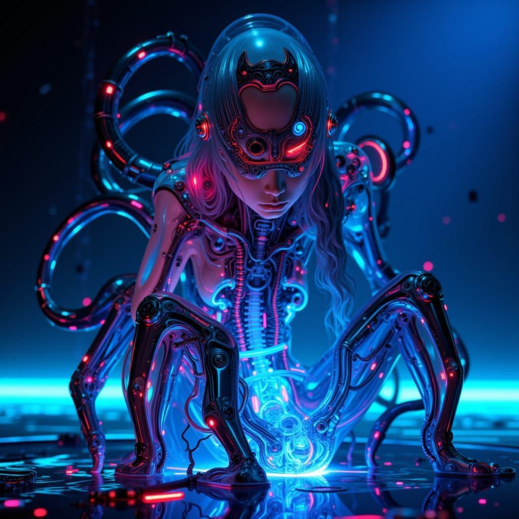 Cyborg Dancer in Neon Spotlight