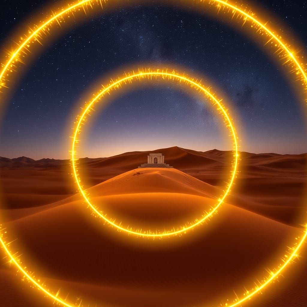 Golden Portal Rings in Desert Landscape