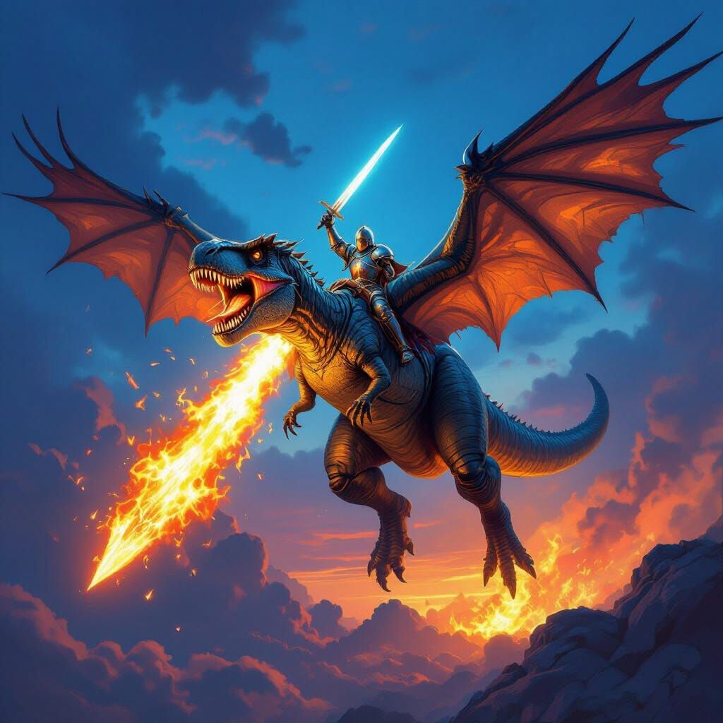 Flying T-Rex with Knight and Fiery Breath