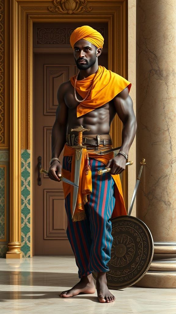 Cinematic Portrait of a Muscular Warrior in Traditional Garb