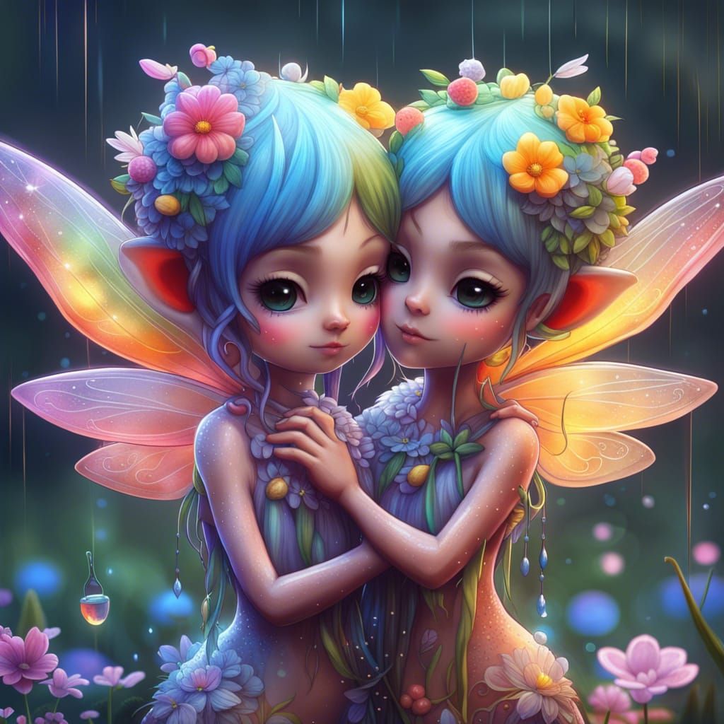 Fairies Share a Rainy Embrace: Digital Fantasy Art
