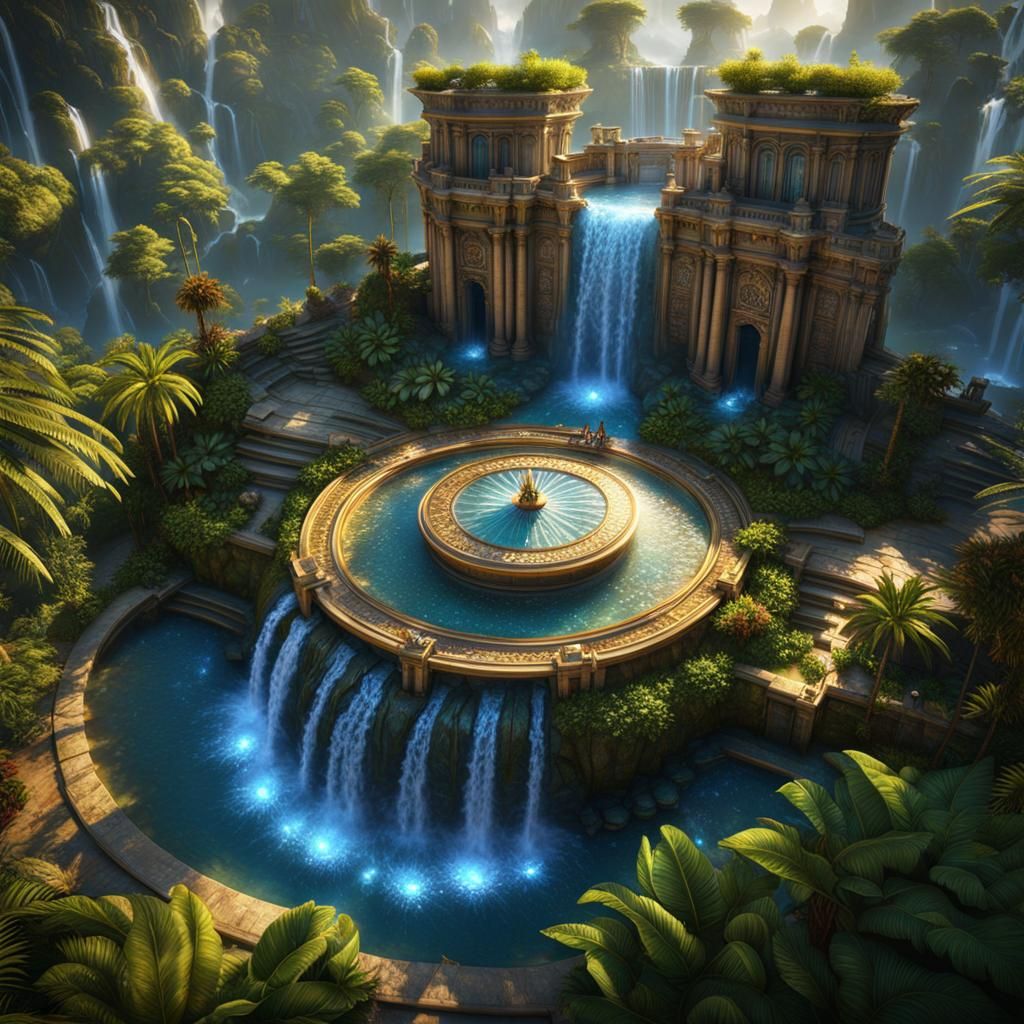 Majestic Water Fountain Surrounded by Magical Plants