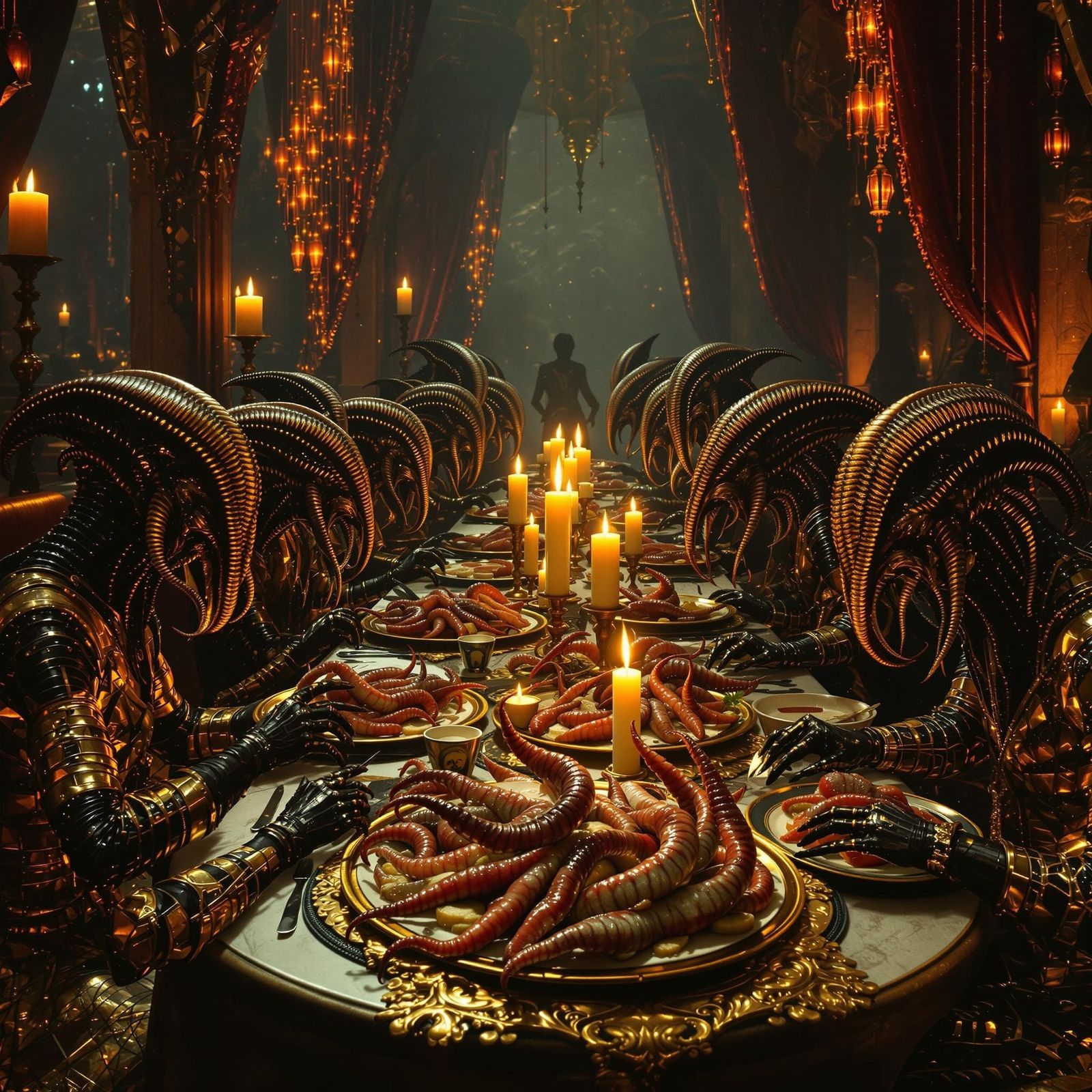 Elegant Patrons Dine on Grilled Monsters in a Mars Cafe