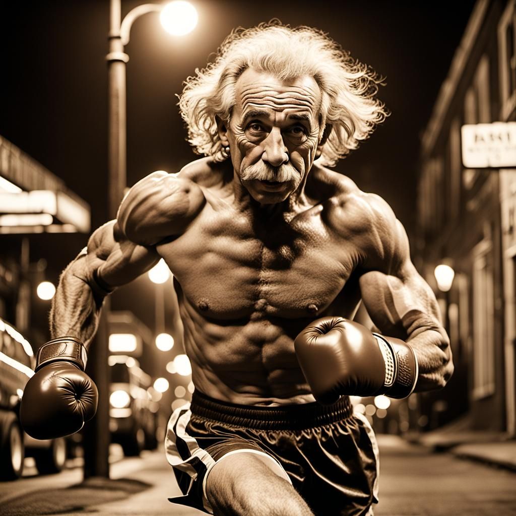 Muscular Einstein Boxing in 50s Sepia Portrait