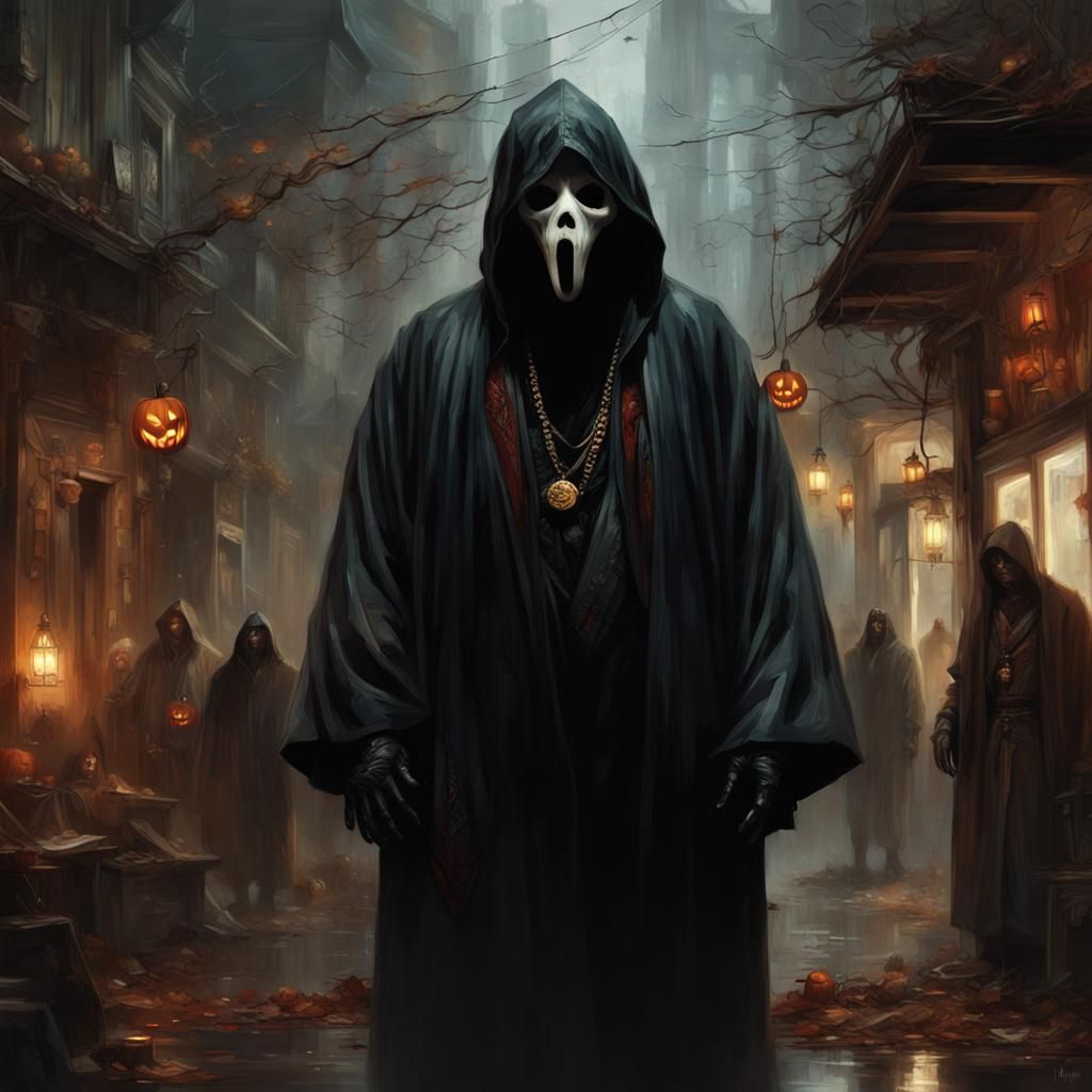 Ghostface Halloween Scene with Dramatic Lighting