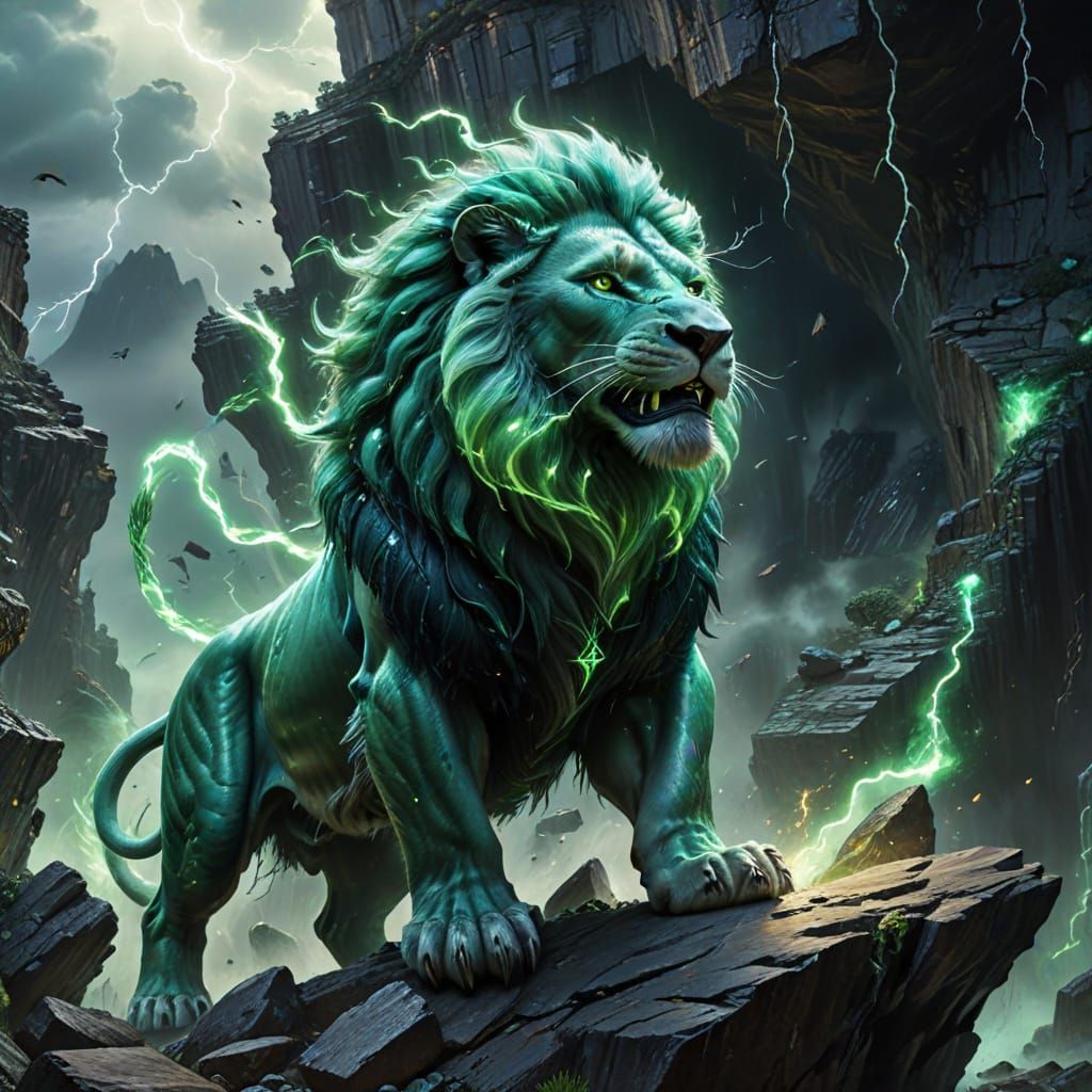 Ectoplasmic Lion King Roaring in Lightning Storm
