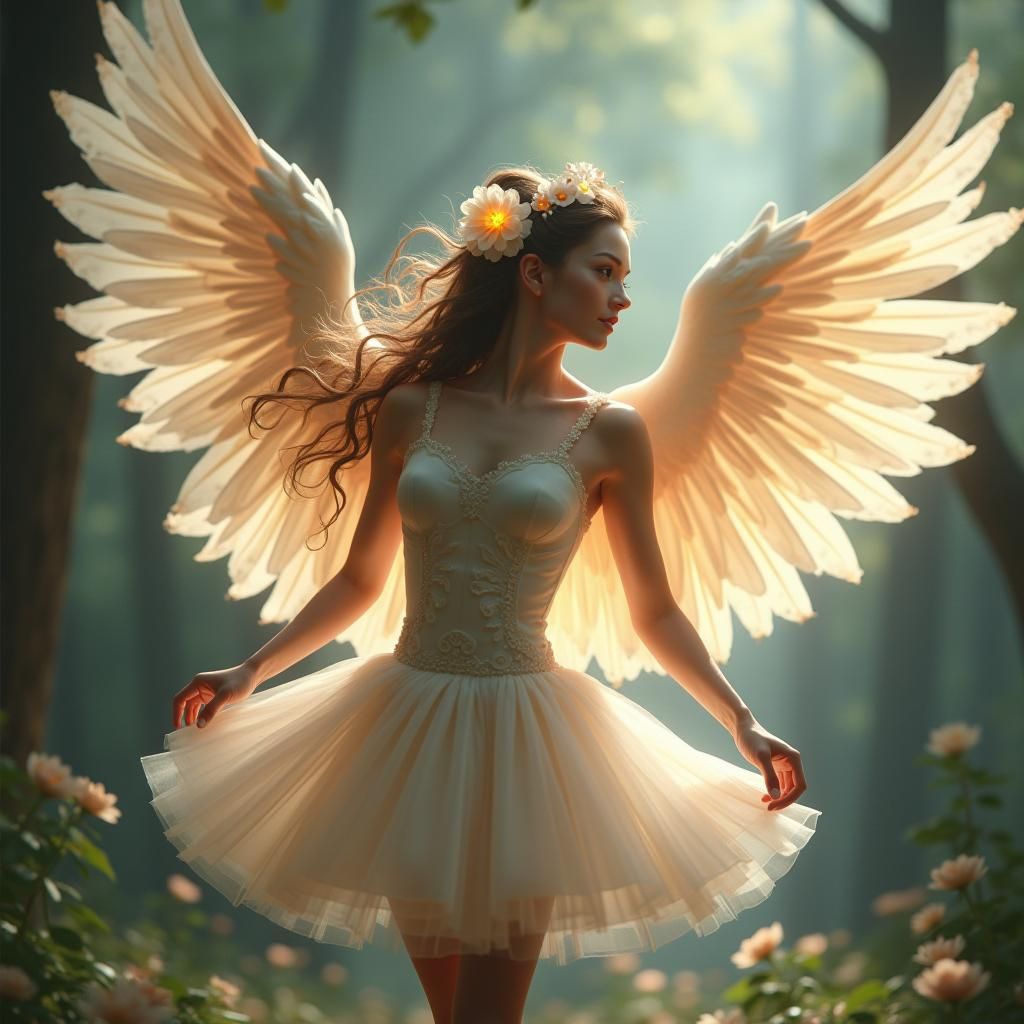 Ballerina with Angel Wings in Fairytale Setting