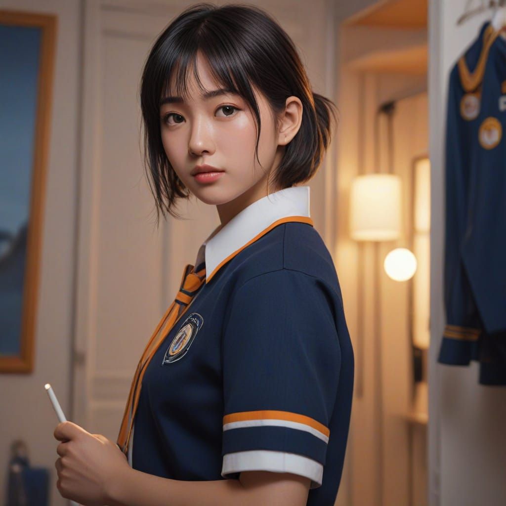 Beautiful Japanese Girl in School Uniform, Studio Ghibli Sty...