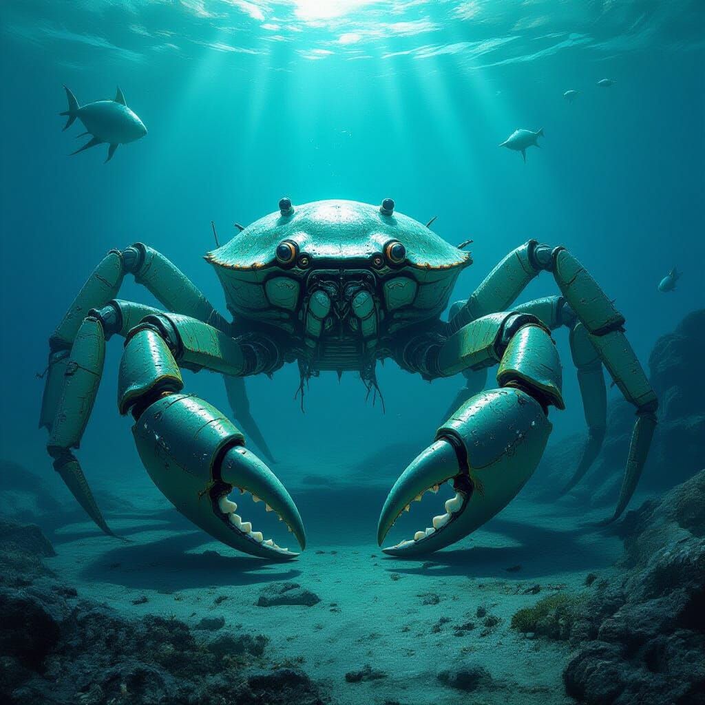 Bioluminescent Mechanical Crab Resting on Ocean Floor