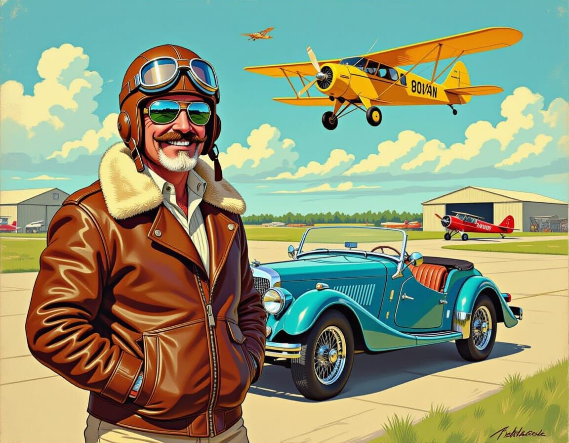 Vintage Pilot and Classic Car in Comic Book Style